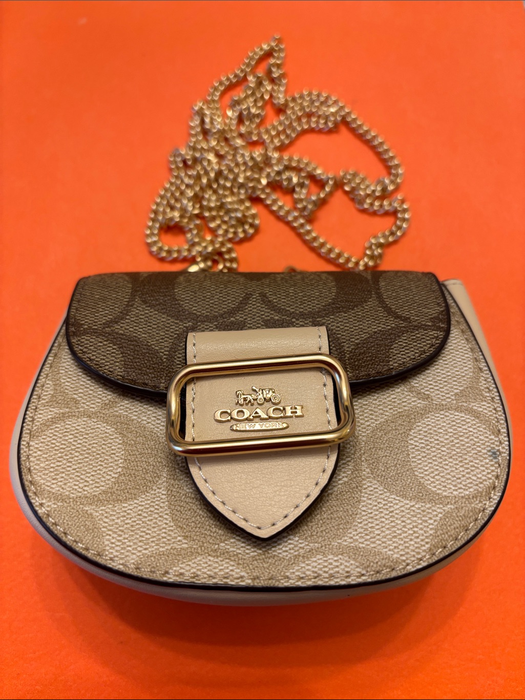 Coach Gold-Tone Signature Mini Chain Crossbody Sling Bag Light Khaki Ivory Multi